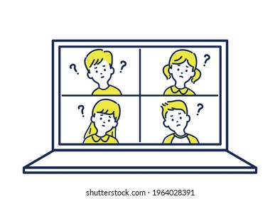 Illustration material of troubled facial expressions of children taking online classes