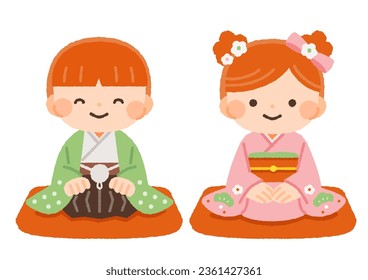 illustration material of two children sitting on a cushion