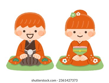 illustration material of two children sitting on a cushion
