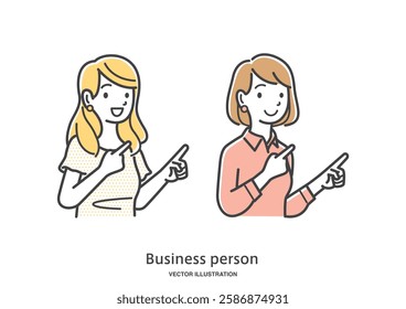 Illustration material of two female office workers pointing with their fingers