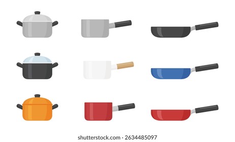Illustration material of a two-handled pot, a one-handled pot and a frying pan