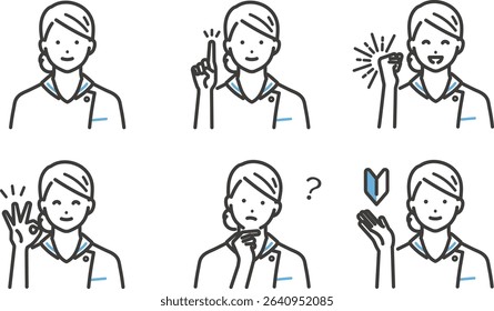 Illustration material of various facial expressions of a young nurse