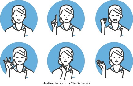 Illustration material of various facial expressions of a young nurse