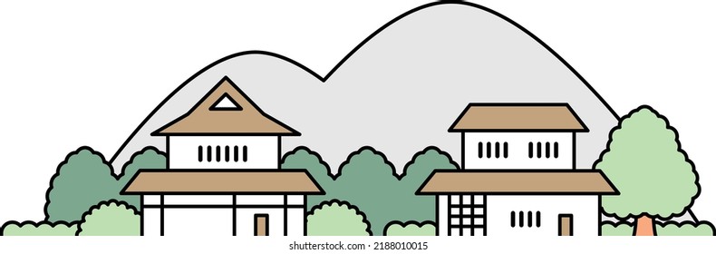Illustrationsmaterial von verschiedenen alten Volkshäusern und der Landschaft