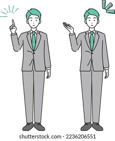 Illustration material of a whole body that can move the arm of a business person making suggestions and instructions