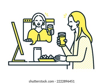 Illustration material of a woman having an online drinking party with her friends.