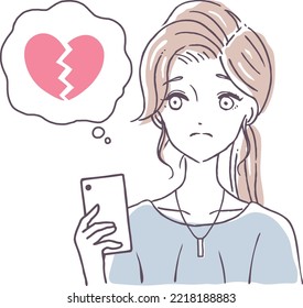 Illustration material of a woman holding a smartphone and having a broken heart, no pulse, love, internet, dating app, email