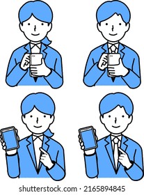 Illustration material of a woman and a man who operate a smartphone