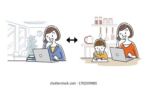 Illustration material: Woman teleworking while raising children