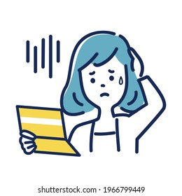 Illustration material of a woman who is depressed looking at a passbook