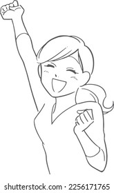 Illustration material of a woman who is happy and doing a guts pose Simple line drawing version