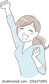 Illustration material of a woman who is happy and doing a guts pose Simple color version