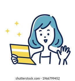 Illustration material of a woman who rejoices looking at a passbook