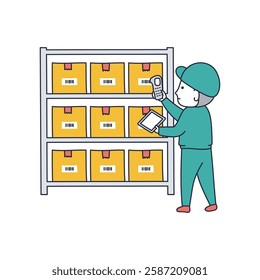 Illustration material of a worker reading a barcode with a barcode reader