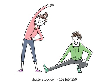 Illustration material: young couple exercising, sports, gymnastics