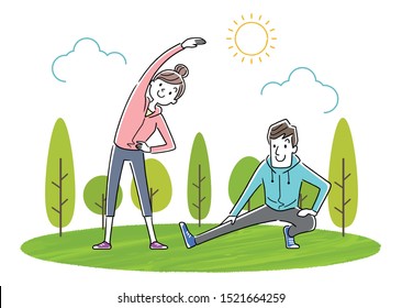 Illustration material: young couple exercising, sports, gymnastics