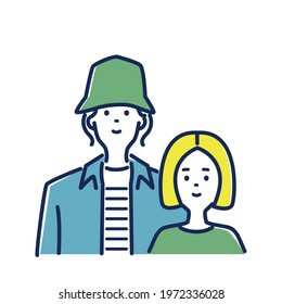 Illustration material of young couple.A man with a hat and a woman with bob hair.