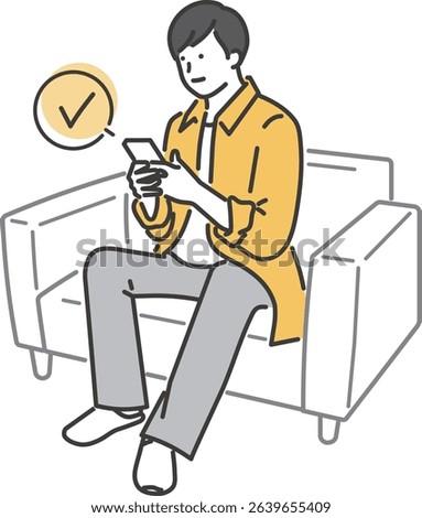 Illustration material of a young man sitting on a sofa and operating a smartphone
