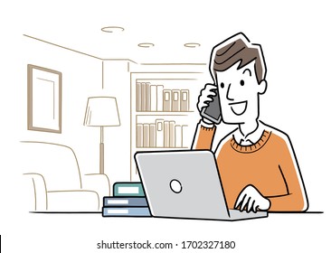 Illustration material: Young man using a personal computer at home