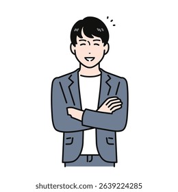 Illustration material of a young man wearing a jacket with his arms folded and smiling