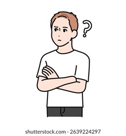 Illustration material of a young man wearing a T-shirt thinking with his arms folded