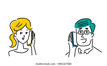 Illustration material of young man and woman talking on a smartphone