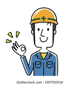 Material de ilustración: Joven con ropa de trabajo, buen signo
