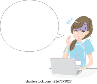 Illustration Material Of A Young Nurse Looking At A Computer Screen And Getting Impatient And Speech Bubbles