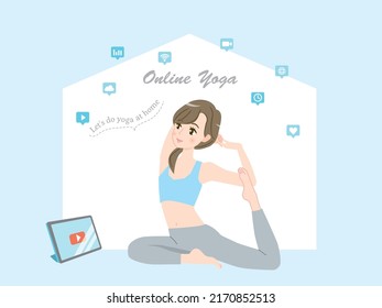Illustration material of a young woman doing online yoga at home