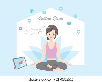 Illustration material of a young woman doing online yoga at home