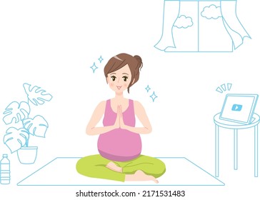 Illustration material of a young woman doing prenatal yoga at home