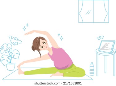 Illustration material of a young woman doing prenatal yoga at home