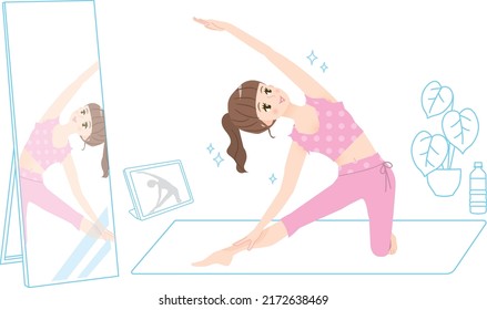 Illustration material of a young woman doing online yoga