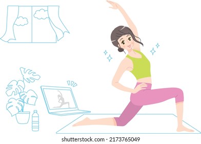 Illustration material of a young woman doing online yoga