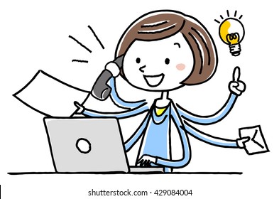 Illustration material: young woman. PC multitasking
