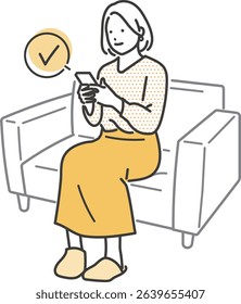 Illustration material of a young woman sitting on a sofa and operating a smartphone