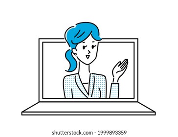 Illustration material of a young woman in a suit in a laptop