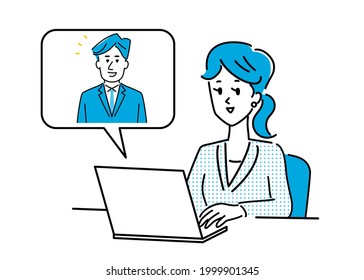 Illustration material of a young woman in a suit talking with a man online