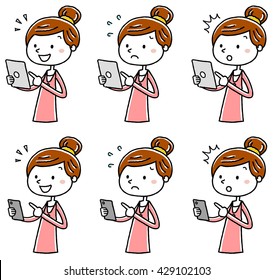 Illustration material: young woman tablet smartphone operation variation