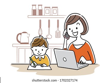 Illustration material: Young woman using a computer beside a child