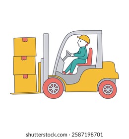 Illustration material of a young worker carrying cardboard boxes with a forklift