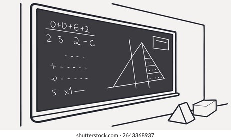 Ilustração de lições de matemática em um quadro-negro com algumas fórmulas