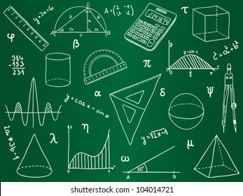 Illustration of mathematics - school supplies, geometric shapes and expressions on school board