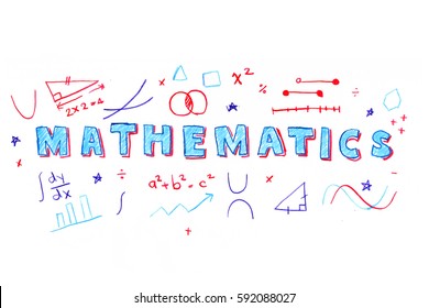 Illustration of MATHEMATICS word in STEM - science, technology, engineering, mathematics education concept typography design in kid hand drawn style