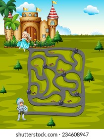 Illustration of a maze game with pricess and castle