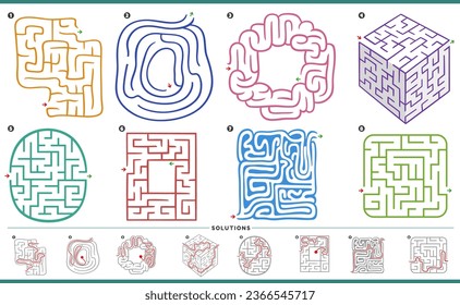 Illustration of maze puzzle activities graphs set with solutions