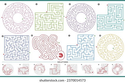 Illustration of maze puzzle activities graphs set with solutions