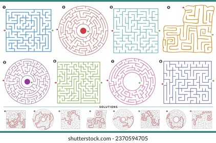 Illustration of maze puzzle activities graphs set with solutions