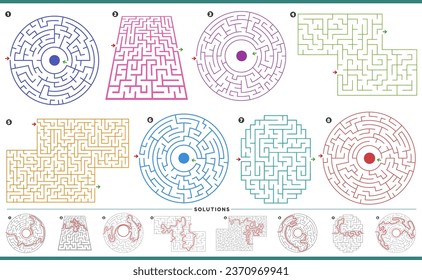 Illustration of maze puzzle activities graphs set with solutions