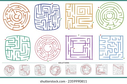Illustration of maze puzzle games graphs set with solutions